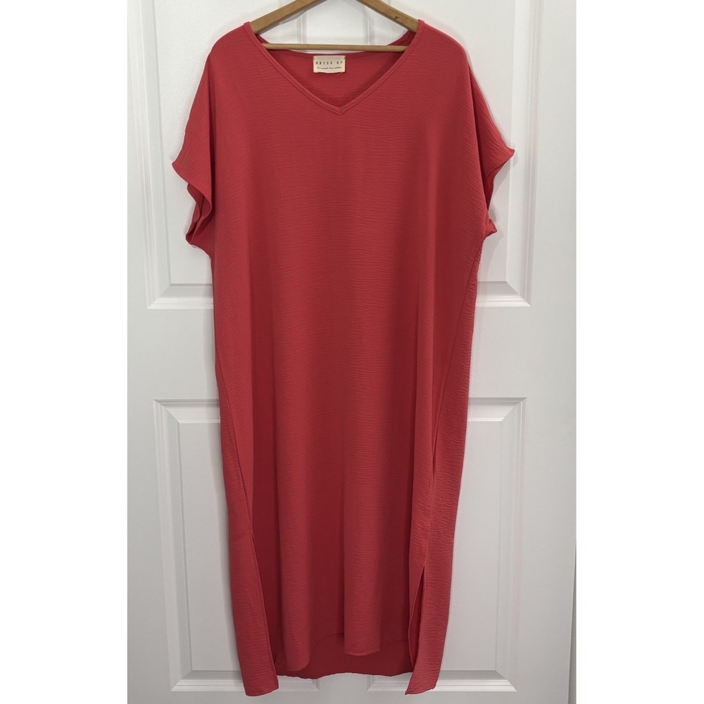 Dress Up Coral Pink Oversized Midi Dress Women Large Boho Caftan Lounge 0411‎